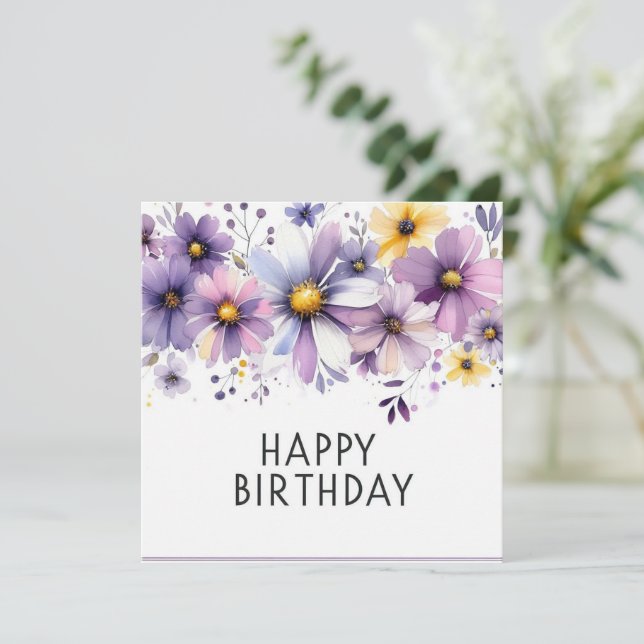 grattis på födelsedagen lila blommor kort  (Stående Fram)