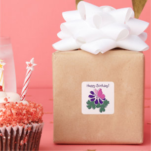 Grattis på födelsedagen! Lila Flower & Rosa Butter Fyrkantigt Klistermärke