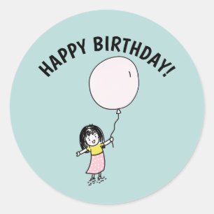 GRATTIS PÅ FÖDELSEDAGEN LITTLE GIRL MED BALLOON ST RUNT KLISTERMÄRKE