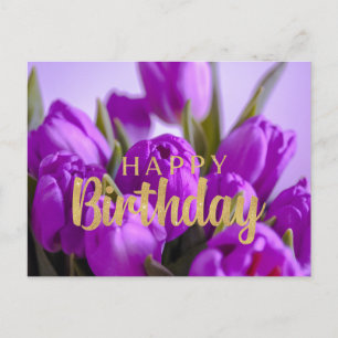 Grattis på födelsedagen Livfulla lila tulpanblommo Vykort