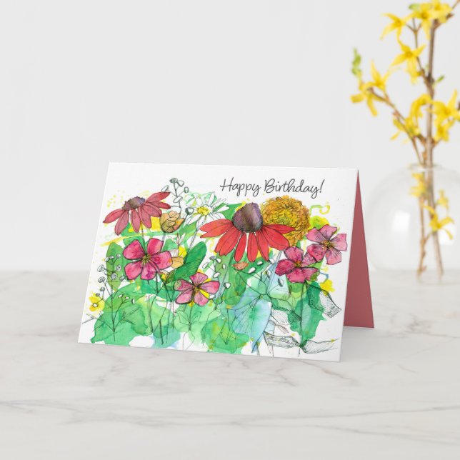 Grattis på födelsedagen Ljust sommarträdgård Röda  Kort (Gul blomma)