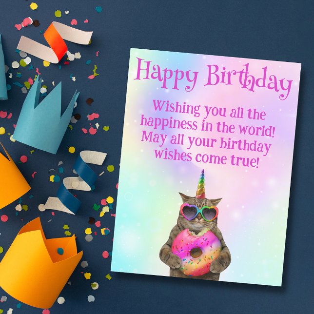 grattis på födelsedagen lustig katt med påse rosa- vykort (Skapare uppladdad)
