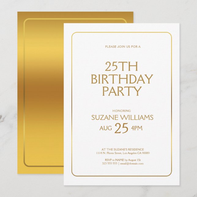 Grattis på födelsedagen-mall med guld gräns på vit inbjudningar (Fram/baksida)