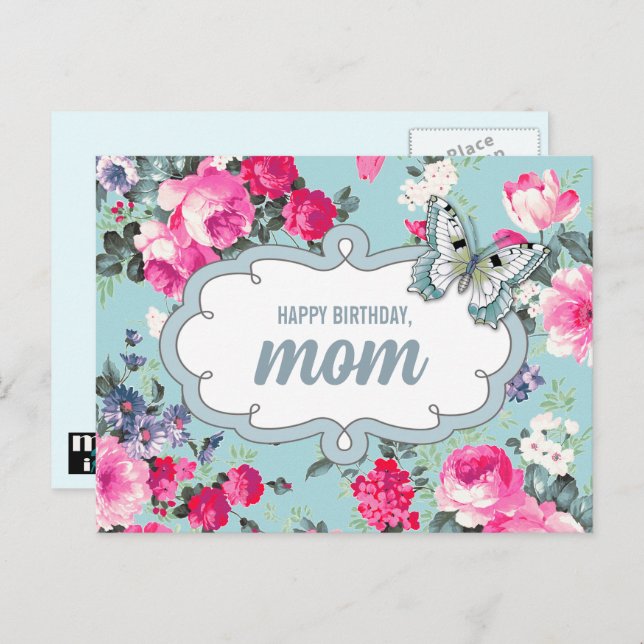 Grattis på födelsedagen, Mamma. Blommor och fjäril Vykort (Fram/baksida)