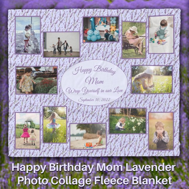 Grattis på födelsedagen Mamma Lavender Photo Colla Fleecefilt (Happy Birthday Mom Lavender Photo Collage Fleece Blanket - Personalize for Grandmother Sister Aunt)