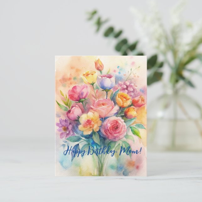 Grattis på födelsedagen Mamma Vattenfärg Bukett Po Vykort (Stående Fram)