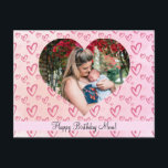 Grattis på födelsedagen mamma vykort<br><div class="desc">Fira hennes födelsedag med ett speciellt vykort till din mamma. Designen visar ett hjärtmönster på en rosa bakgrund, med ett unikt hjärtformat foto och anpassningsbar text. Gör det verkligen unikt genom att lägga till ditt eget foto och text. Detta vykort kan fungera som ett vackert komplement till en present till...</div>