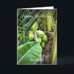 Grattis på födelsedagen Manar Coconuts Träd Tropis Kort<br><div class="desc">Grattis på födelsedagen Coconuts Träd Tropical Anpassningsbar Card har tropiska jékokosnötter i Västindien (Jungfruöarna) av grönt som är redo till plocka och drycker. Och om du ser lite närmare ut kan du se en ödla som utforskar naturen. Byt ut informationen med din och ge mot den speciella personen i ditt...</div>