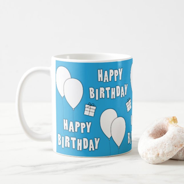 Grattis på födelsedagen med ballongbakgrund kaffemugg (Med munk)