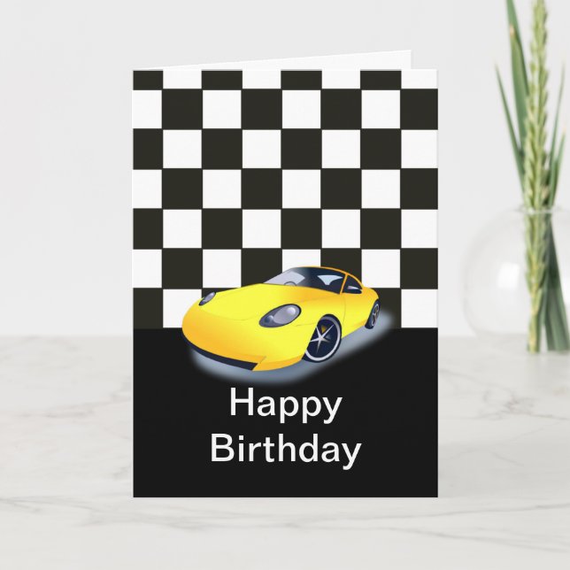 Grattis på födelsedagen med gult tävla bil kort (Framsida)