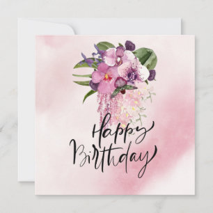 Grattis på födelsedagen med lila orchid-vattenfärg