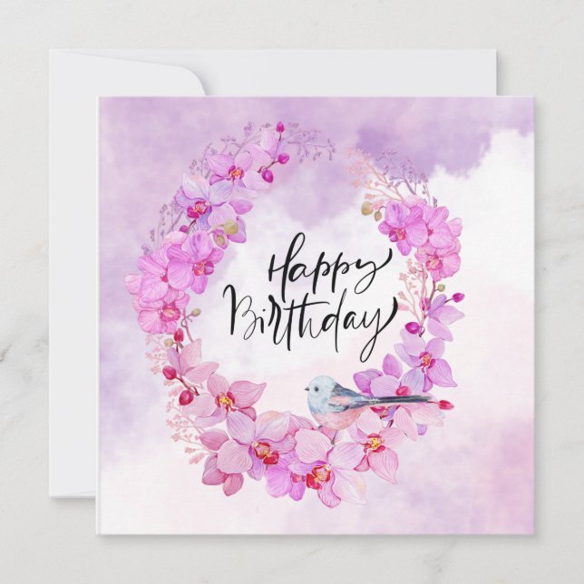 Grattis på födelsedagen med lila orchid-vattenfärg (Framsida)