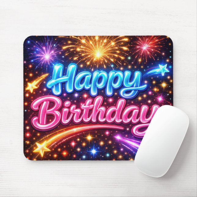 Grattis på födelsedagen med stjärnfall i neon musmatta (Med mus)