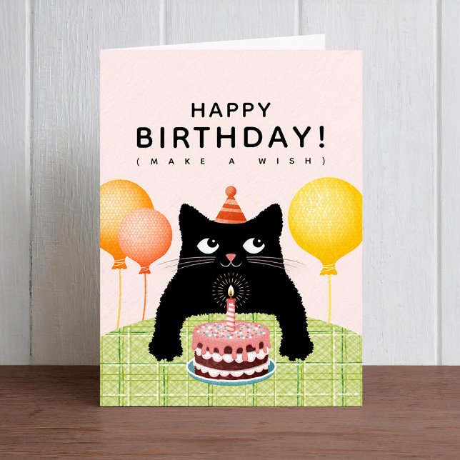 Grattis på födelsedagen med svart katt, kaka och l kort (Skapare uppladdad)