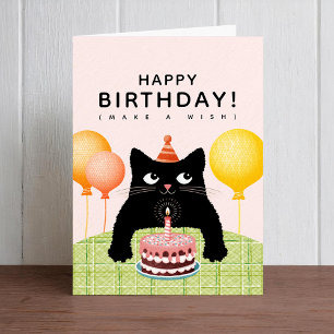 Grattis på födelsedagen med svart katt, tårta och  kort
