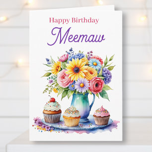Grattis på födelsedagen Meemaw Blommor och Cupca Kort