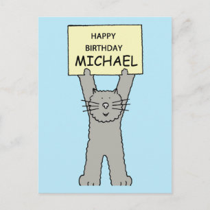 Grattis på födelsedagen Michael Tecknad Grått Cat Vykort