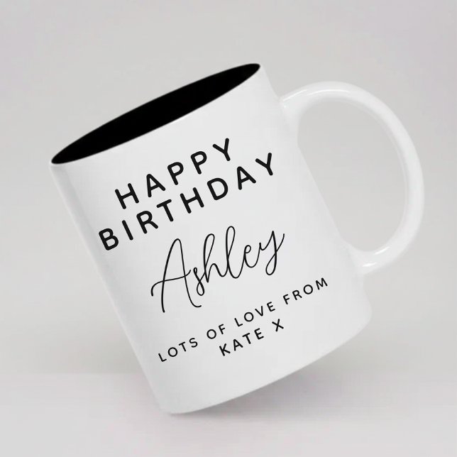 Grattis på födelsedagen | Modern manus födelsedags Två-Tonad Mugg (Modern Script Personalized Name Happy Birthday Mug Gift for Her, Him, Mom, Dad, Wife and Friends)