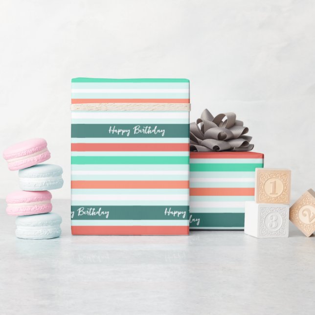 Grattis på födelsedagen Modern persika Aqua-randig Presentpapper (Baby Shower)