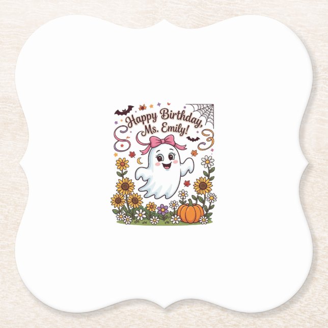 Grattis på födelsedagen Ms Emily Halloween Spöke P Underlägg Papper (Framsida)