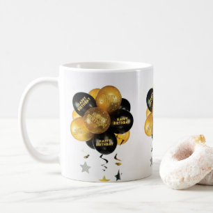 Grattis på födelsedagen Mugg Svart Guld Ballonger