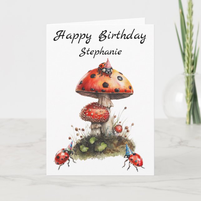 Grattis på födelsedagen Mushroom Ladybugs Kort (Framsida)
