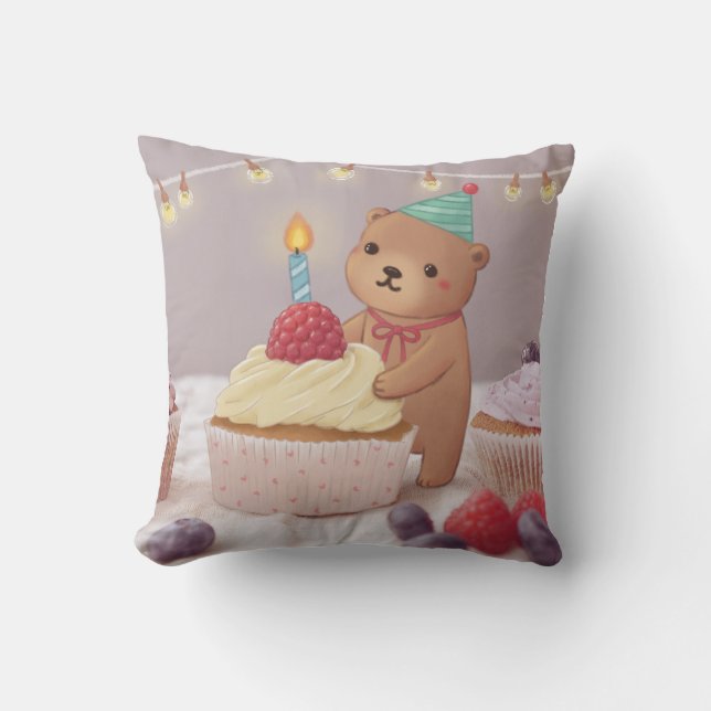 Grattis på födelsedagen: Nalle och Muffinsar Kudde (Framsida)
