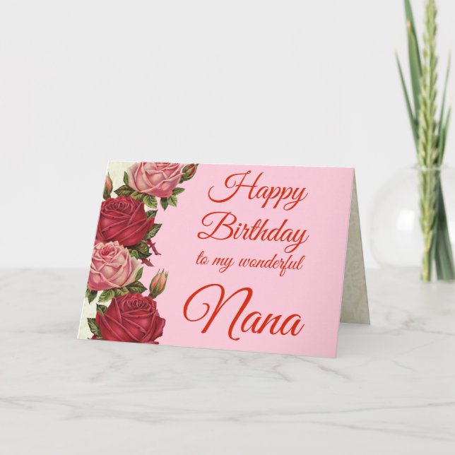 Grattis på födelsedagen Nana Red & Rosa ros Kort (Framsida)