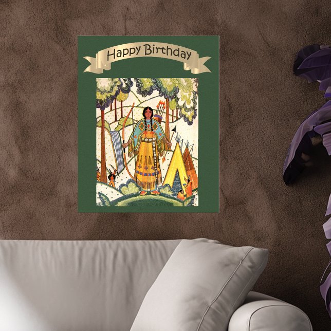 Grattis på födelsedagen Native American Woman Embr Poster (Happy Birthday poster decoration embroidery texture Native American woman in woods on green.)