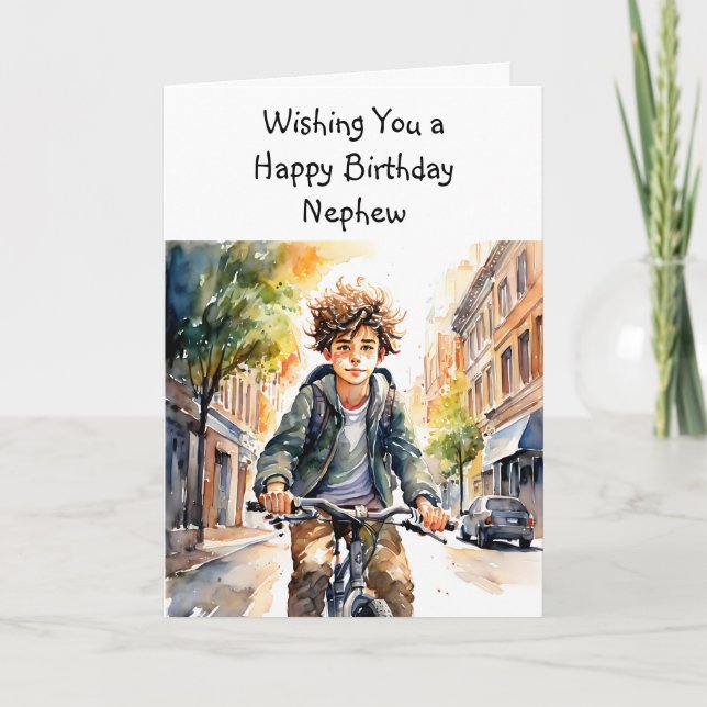Grattis på födelsedagen Nephew | Boy på Bike i Cit Kort (Framsida)