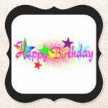 Grattis på födelsedagen och stjärnor - underlägg papper<br><div class="desc">Denna pappra underlägg är designad med "Grattis på födelsedagen" i ett ro färg. Stjärnor i flera färg och en ljus gult sol med strålar används som en bakgrund. Det finns också en svart gräns runt kant. Dessa underlägg motsvarar i själva verket tillbehören "Grattis på födelsedagen och stjärnor" för födelsedagsfester. Ett...</div>