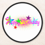 Grattis på födelsedagen och stjärnor - underlägg papper rund<br><div class="desc">Denna pappra underlägg är designad med "Grattis på födelsedagen" i ett ro färg. Stjärnor i flera färg och en ljus gult sol med strålar används som en bakgrund. Det finns också en svart gräns runt kant. Dessa underlägg motsvarar i själva verket tillbehören "Grattis på födelsedagen och stjärnor" för födelsedagsfester. Ett...</div>