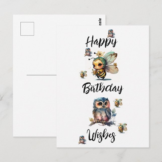 GRATTIS PÅ FÖDELSEDAGEN Önskar Ugglor och Bin |  P Vykort (Fram/baksida)
