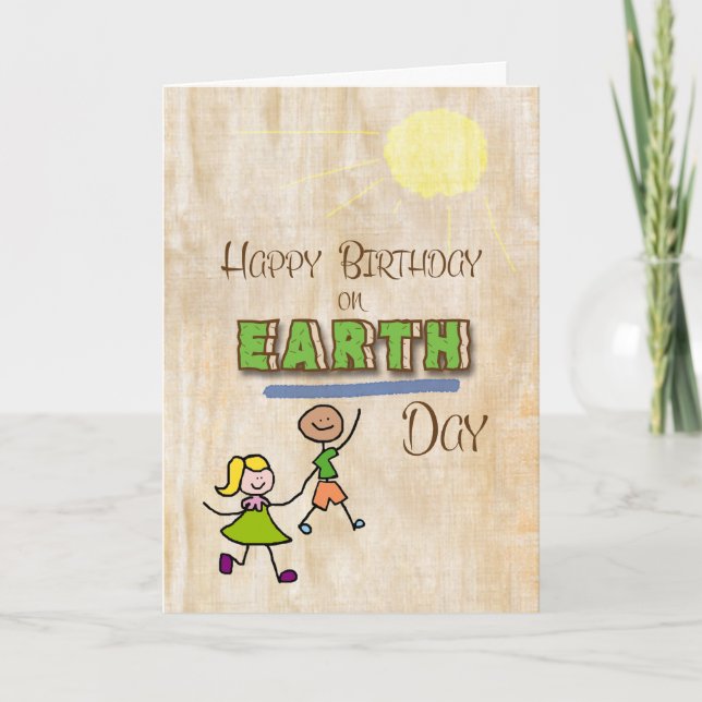 Grattis på födelsedagen på Earth Day Stick Kids Or Kort (Framsida)