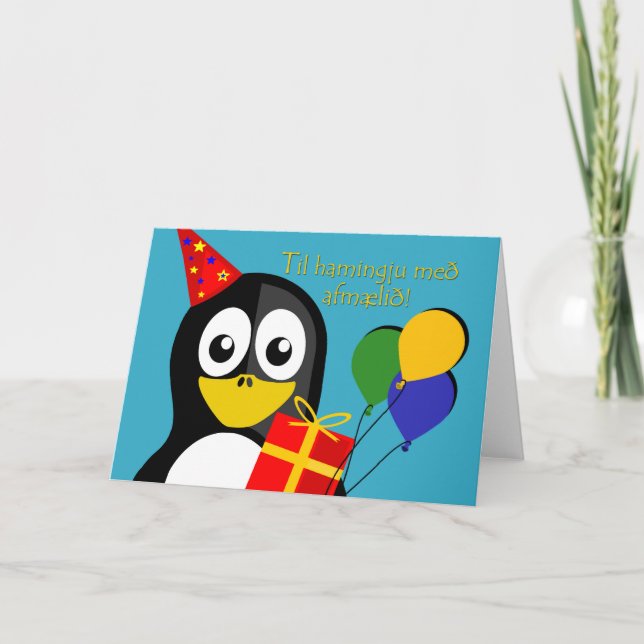 Grattis på födelsedagen på isländska, Cute Penguin Kort (Framsida)