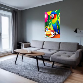 Grattis på födelsedagen, papegoja, kakballong | AI Poster