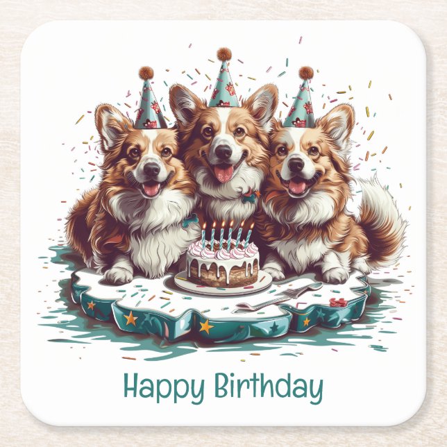 Grattis på födelsedagen Pembroke Welsh Corgi Hunda Underlägg Papper Kvadrat (Framsidan)