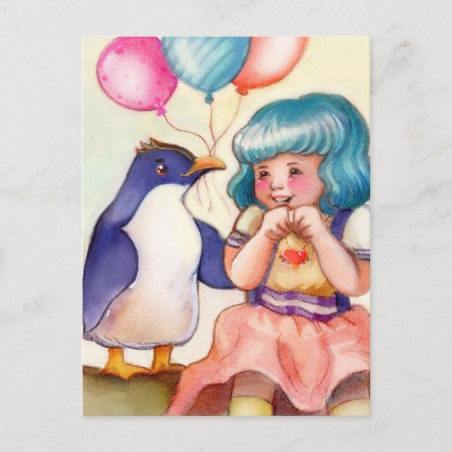 Grattis på födelsedagen Penguin och Girl Vykort (Framsida)