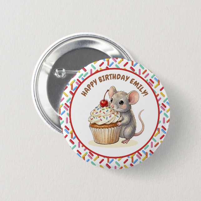 Grattis på födelsedagen Personlig Mus & Cupcake Fo Knapp (Framsida & baksida)