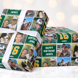 Grattis på födelsedagen Photo Collage any age Grön Presentpapper