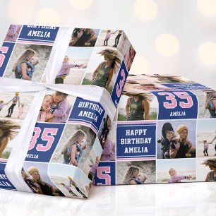 Grattis på födelsedagen Photo Collage any age Navy Presentpapper