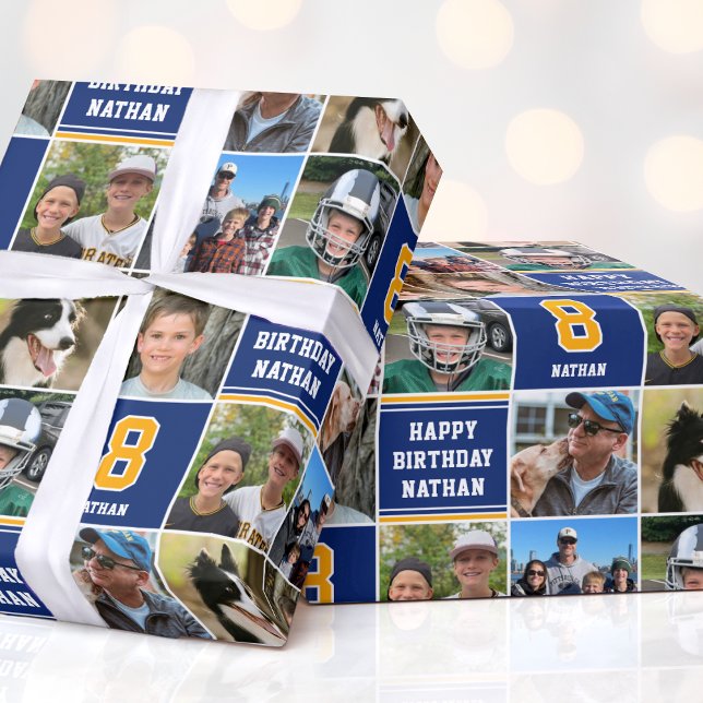 Grattis på födelsedagen Photo Collage any age Navy Presentpapper (Skapare uppladdad)