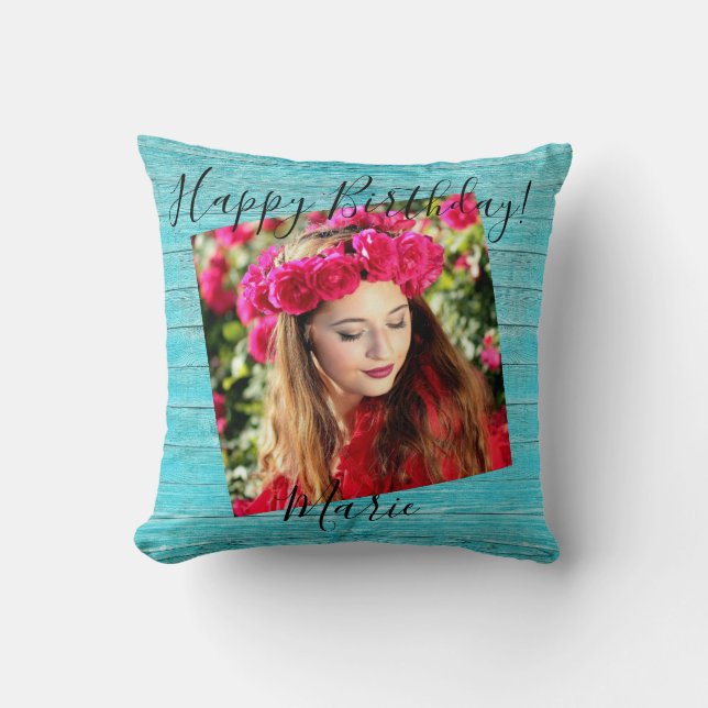 Grattis på födelsedagen Photo Rustic Blue Wood Dek Kudde (Framsida)