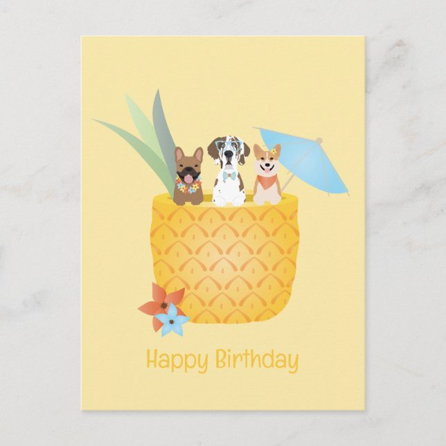 Grattis på födelsedagen Pina Colada Pineapple Hund Vykort (Framsida)