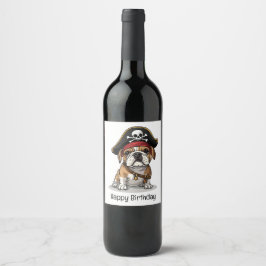 Grattis på födelsedagen Pirat English Bulldog Skul Vinflaska Etikett