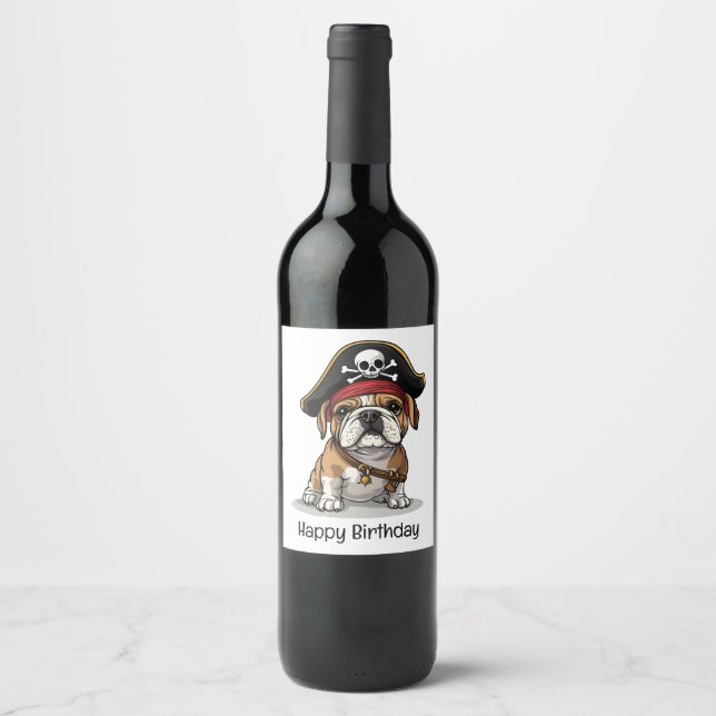 Grattis på födelsedagen Pirat English Bulldog Skul Vinflaska Etikett (Framsida)