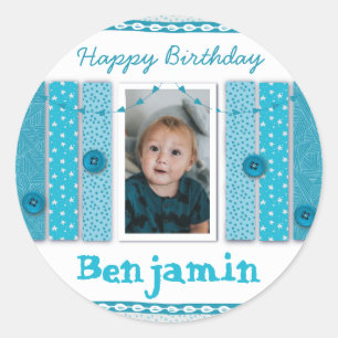 Grattis på födelsedagen Pojke Blå Scrapbooking Runt Klistermärke