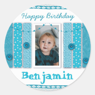 Grattis på födelsedagen Pojke Blå Scrapbooking Runt Klistermärke