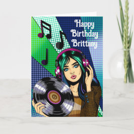 Grattis på födelsedagen | Pop Art Girl with Record Kort