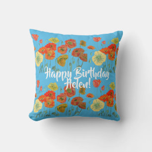 grattis på födelsedagen Poppy blommigt dam Namn  Kudde